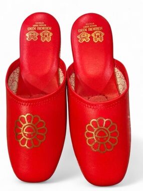 Takashi Murakami × Kaikai Kiki Flower Vinyl Cherry Red Gold Tone Slippers Shoes